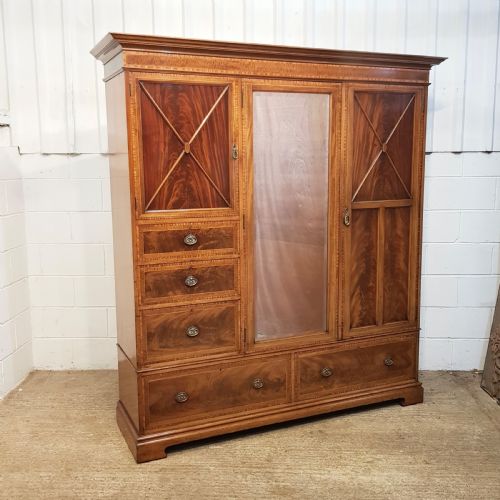 fig 1. ANTIQUE LATE VICTORIAN INLAID MAHOGANY TRIPLE WARDROBE c1890