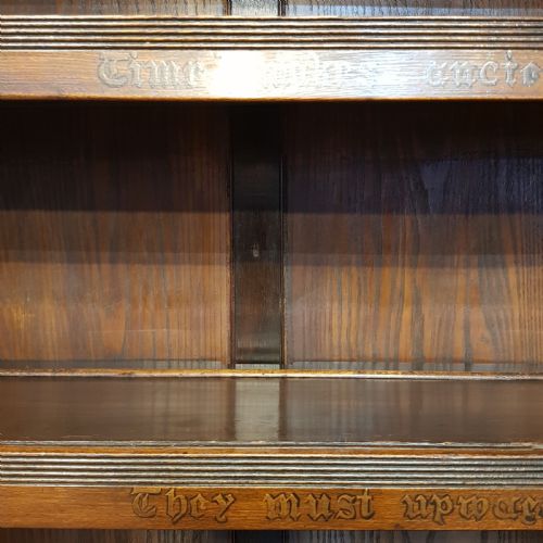 fig 1. ANTIQUE ARTS & CRAFTS OAK OPEN BOOKCASE WITH WORDING OF THE POEM “ THE PRESENT CRISIS” by JAMES RUSSELL LOWELL C1890