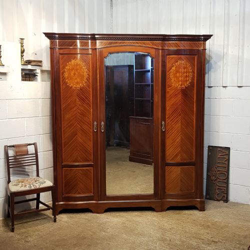 Antique Late. Victorian Inlaid Mahogany Bow Front Triple Wardrobe C1890