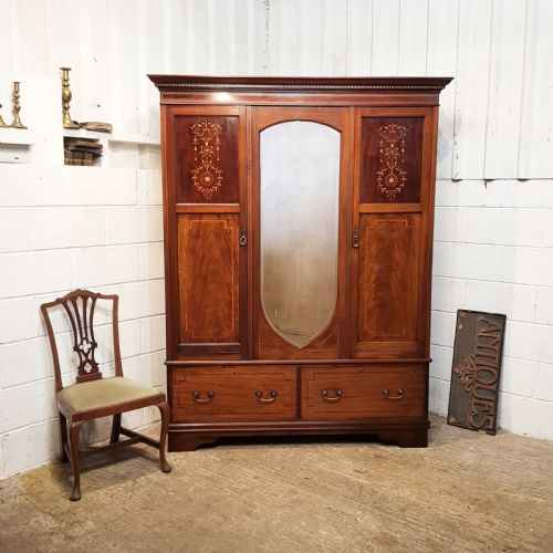 Antique Edwardian Inlaid Mahogany Triple Wardrobe C1900