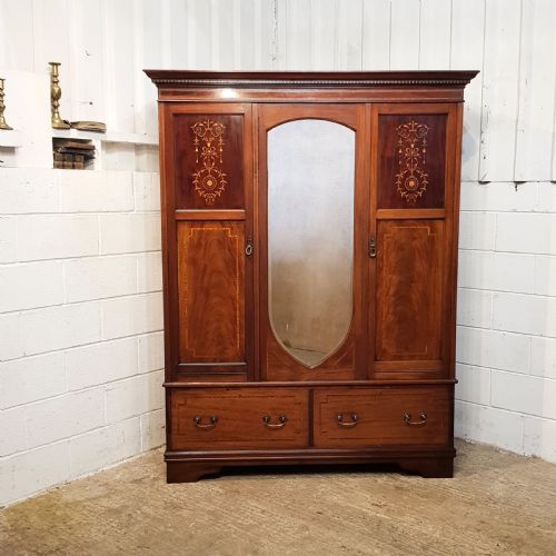 fig 1. ANTIQUE EDWARDIAN INLAID MAHOGANY TRIPLE WARDROBE C1900