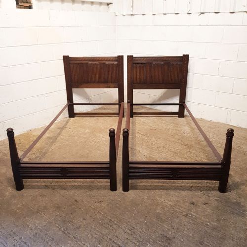 Antique Pair Edwardian Carved Oak Linenfold Single Beds C1900