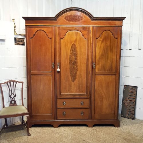 Antique Mahogany Inlaid Triple Wardrobe C1900