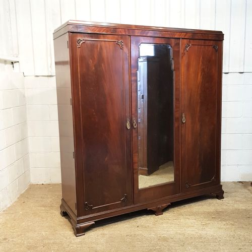 Antique  Edwardian Mahogany Triple Wardrobe  with Secret Drawer C1900
