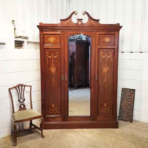 Antique Edwardian Inlaid Mahogany Triple Wardrobe C1900