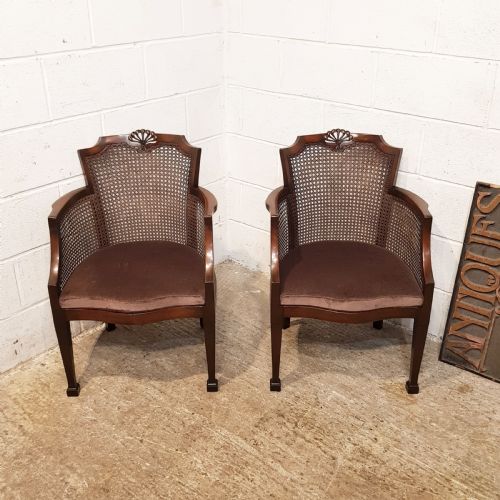 Antique Pair Mahogany Bergere Library Salon Chairs C1920