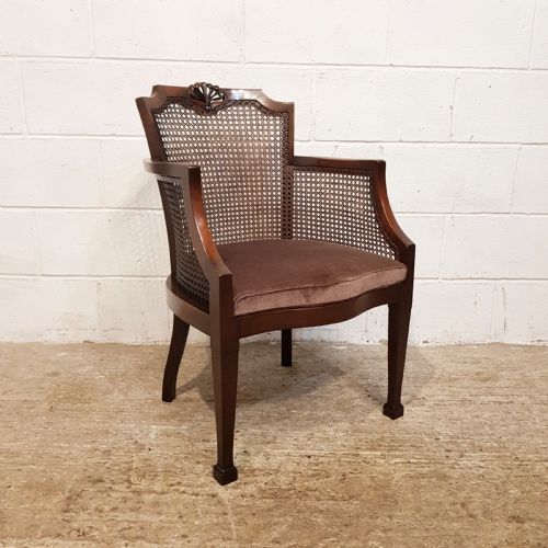 fig 1. ANTIQUE PAIR MAHOGANY BERGERE LIBRARY SALON CHAIRS C1920