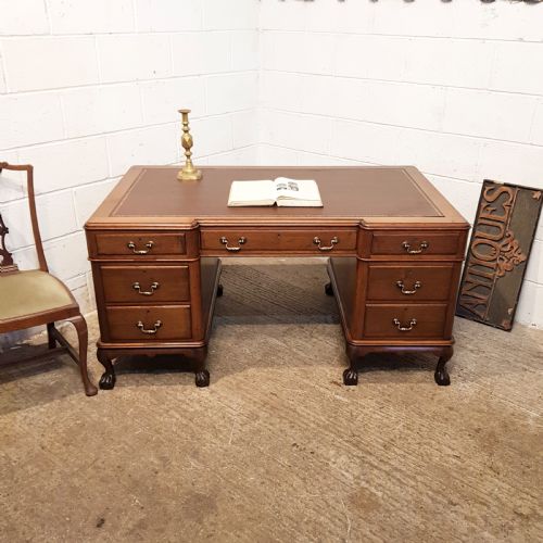 Antique Large Mahogany Leather Top Pedestal Desk C1920