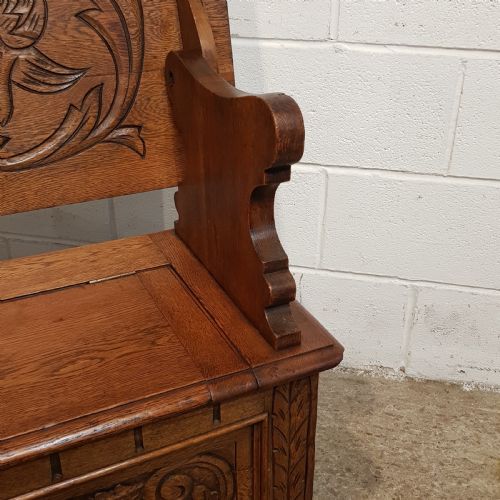 fig 2. ANTIQUE CARVED OAK MONKS BENCH C1900