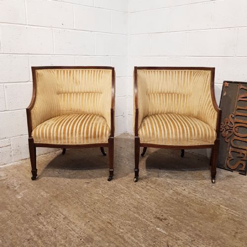 Antique Pair Edwardian Mahogany High Backed Salon Tub Chairs C1900
