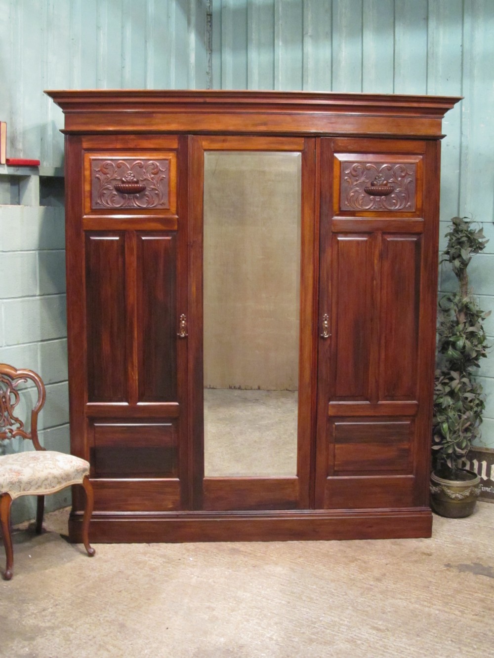 Antique Edwardian Mahogany Triple Wardrobe C1900