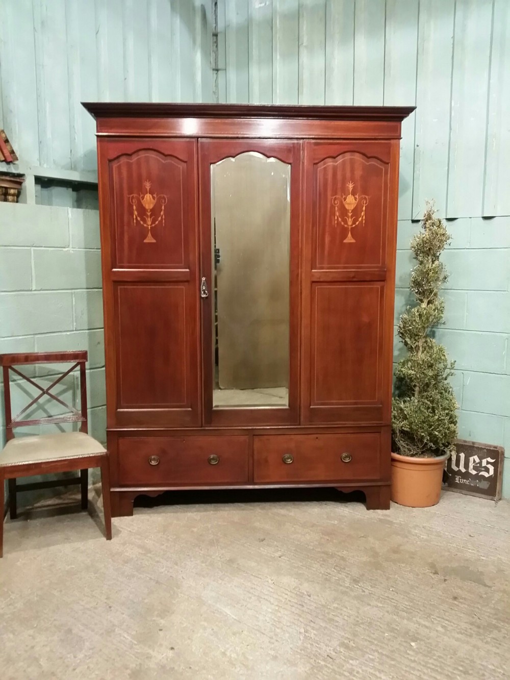 ANTIQUE EDWARDIAN INLAID MAHOGANY DOUBLE WARDROBE C1900
