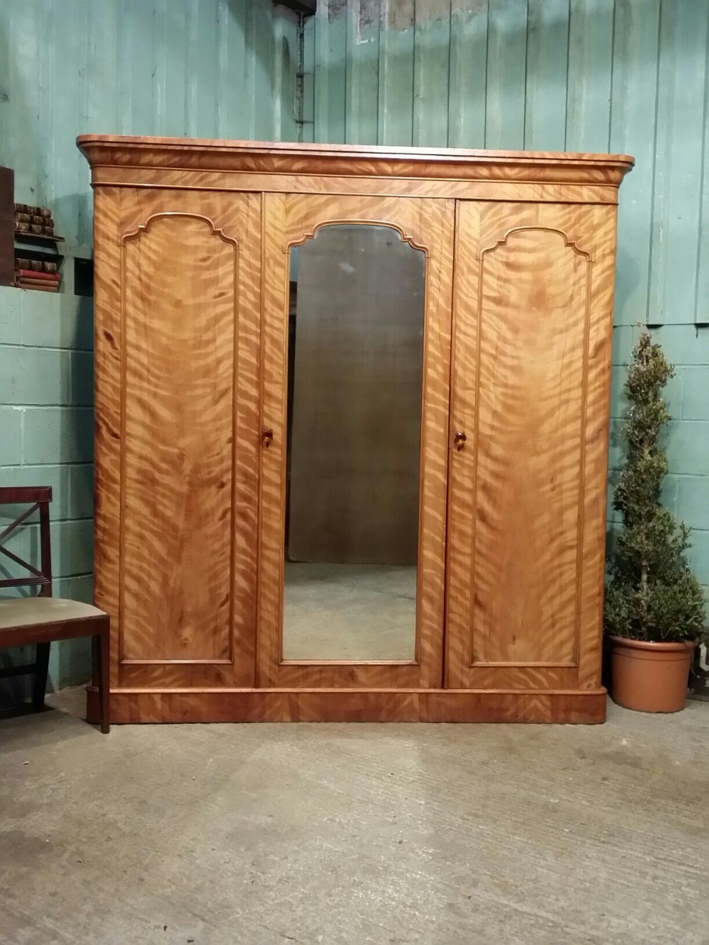 ANTIQUE VICTORIAN SATIN BIRCH TRIPLE WARDROBE C1880