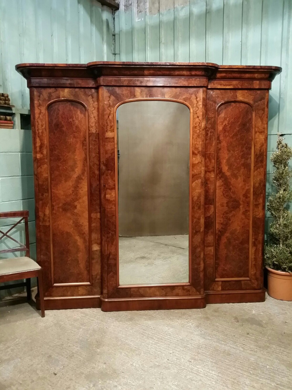 ANTIQUE VICTORIAN BURR WALNUT BREAKFRONT TRIPLE WARDROBE C1880