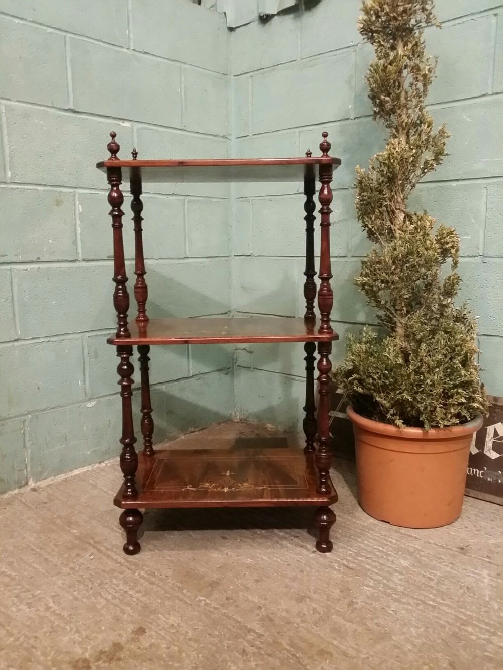 ANTIQUE EDWARDIAN BURR WALNUT INLAID 3 TIER WHATNOT C1900