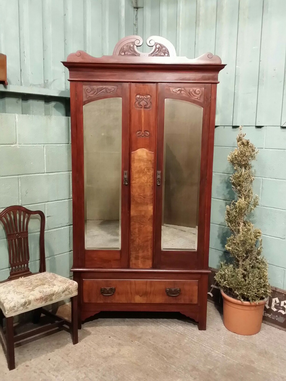 ANTIQUE ART NOUVEAU MAHOGANY AND WALNUT DOUBLE WARDROBE C1890