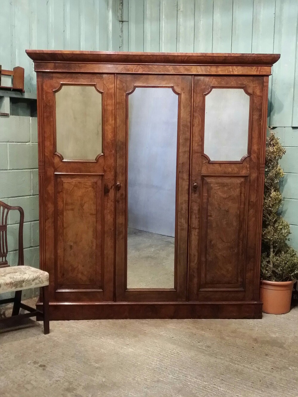 ANTIQUE VICTORIAN BURR WALNUT TRIPLE WARDROBE COMPACTUM C1880