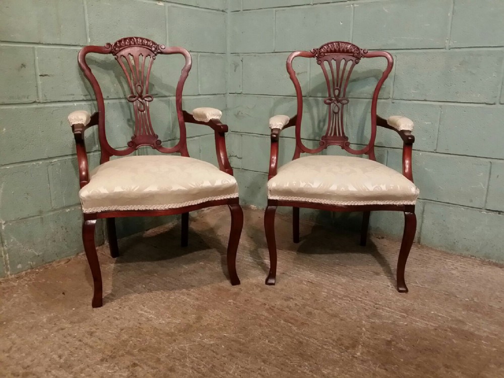 ANTIQUE PAIR EDWARDIAN MAHOGANY LADIES AND GENTS SALON ARMCHAIRS C1900