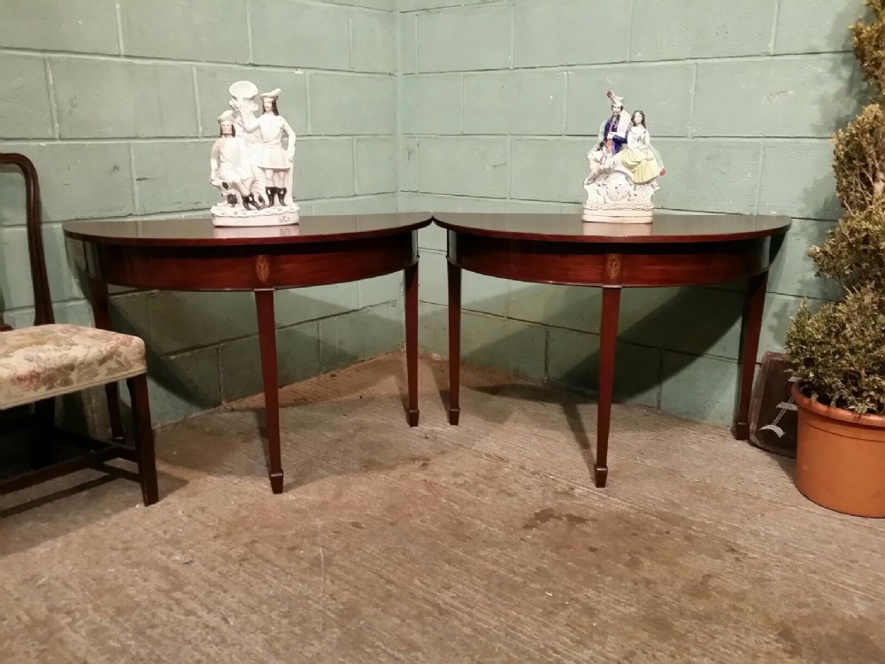 ANTIQUE PAIR REGENCY MAHOGANY DEMI LUNE SIDE TABLES C1820