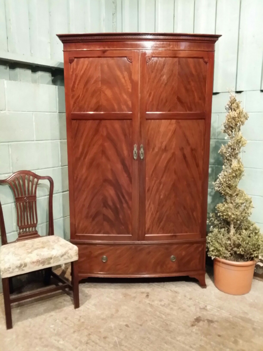 ANTIQUE EDWARDIAN MAHOGANY BOW FRONT DOUBLE WARDROBE C1900