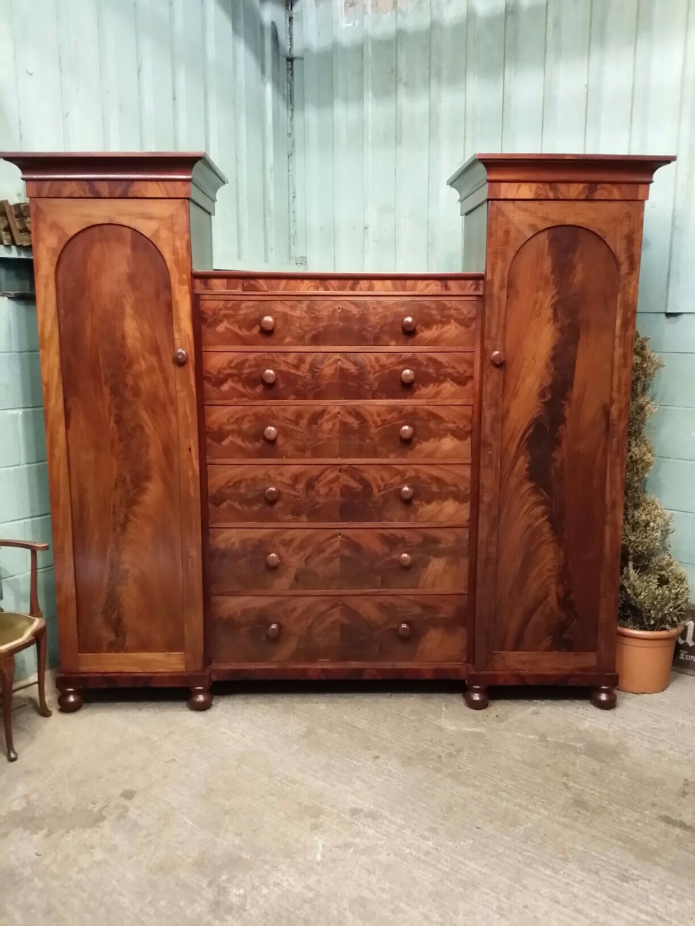 ANTIQUE VICTORIAN FLAMED MAHOGANY SENTRY BOX WARDROBE C1880