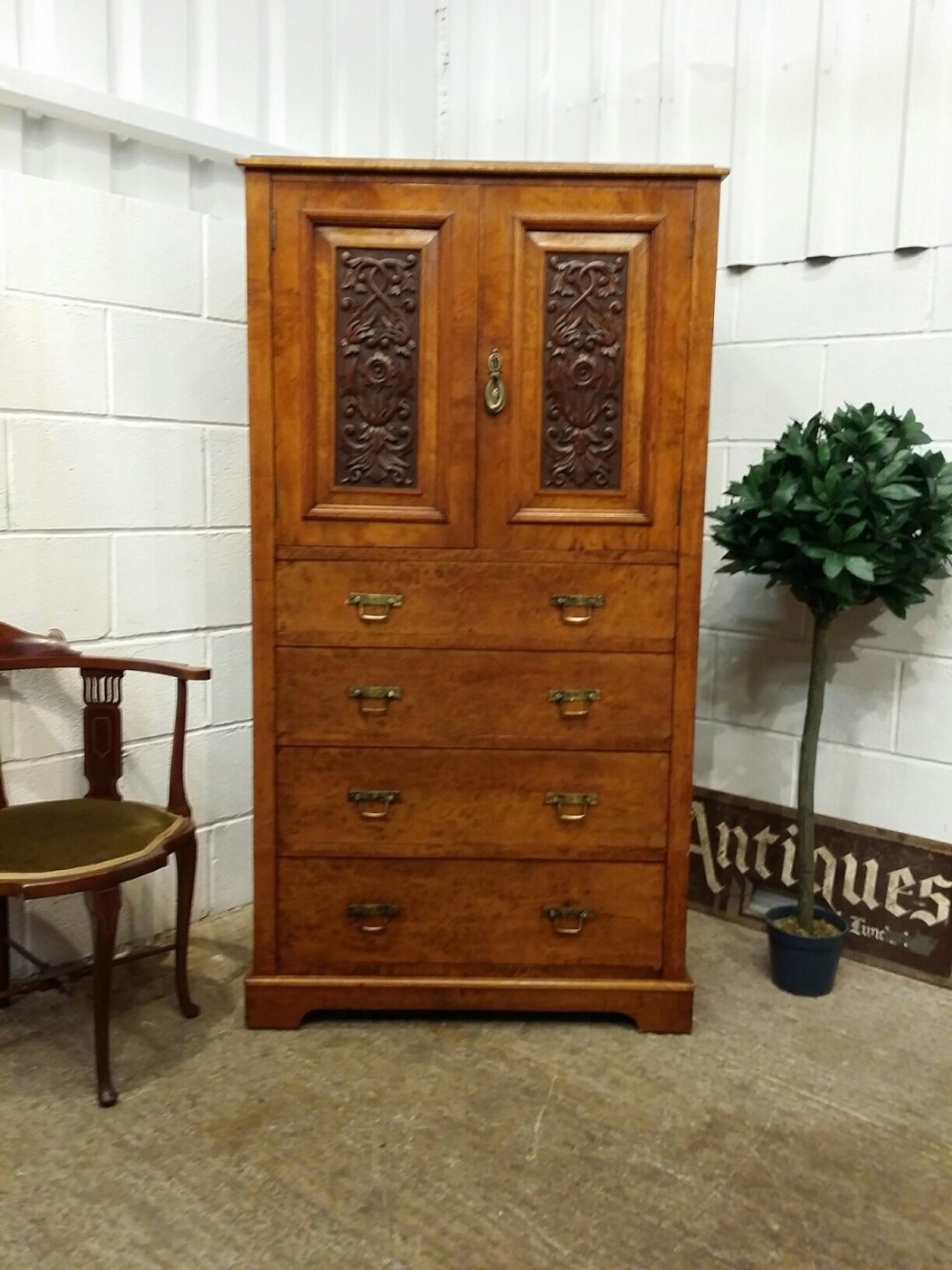 ANTIQUE EDWARDIAN BURR OAK TALL BOY C1900