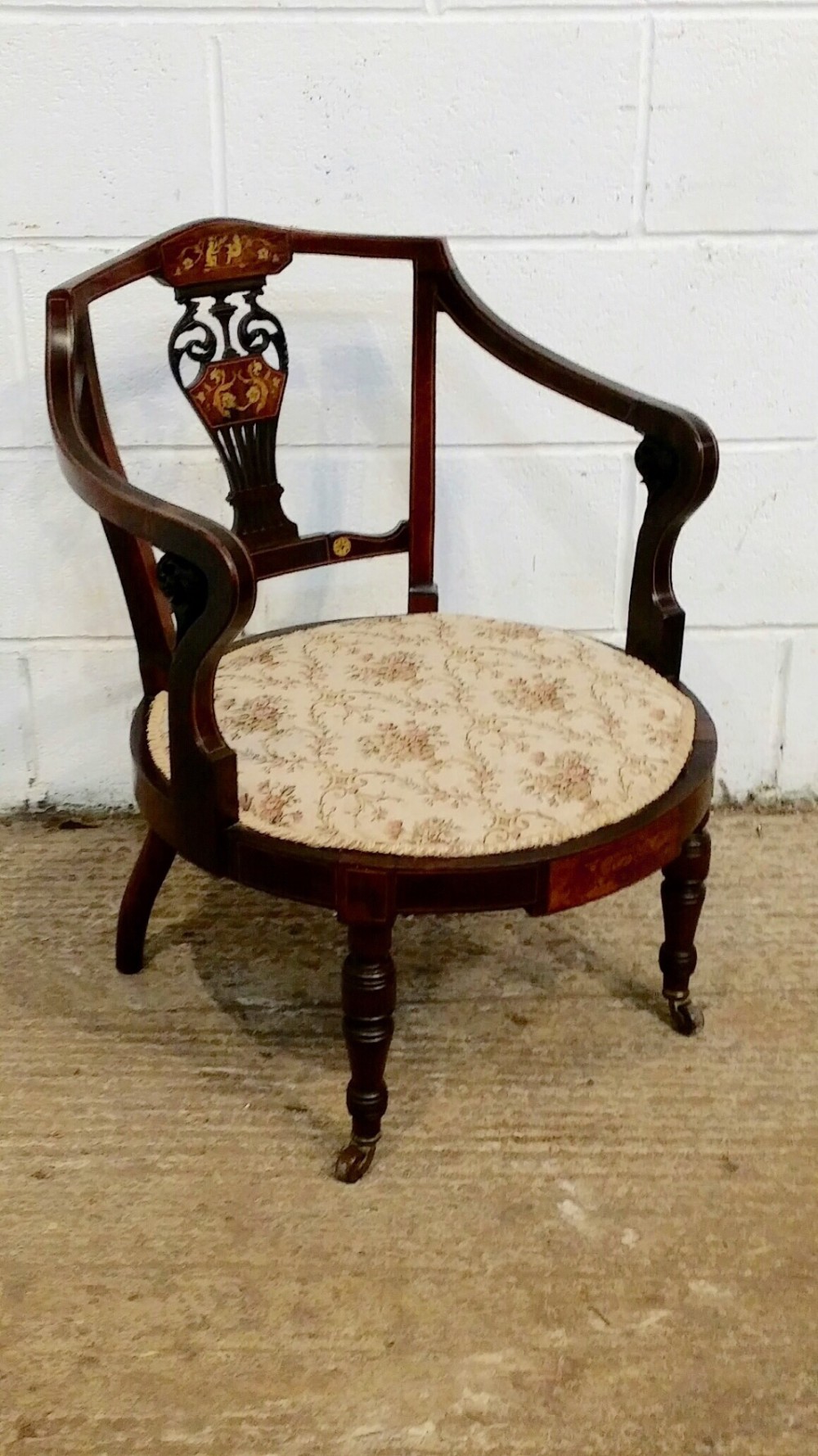 ANTIQUE EDWARDIAN INLAID MAHOGANY TUB NURSING SALON CHAIR C1900