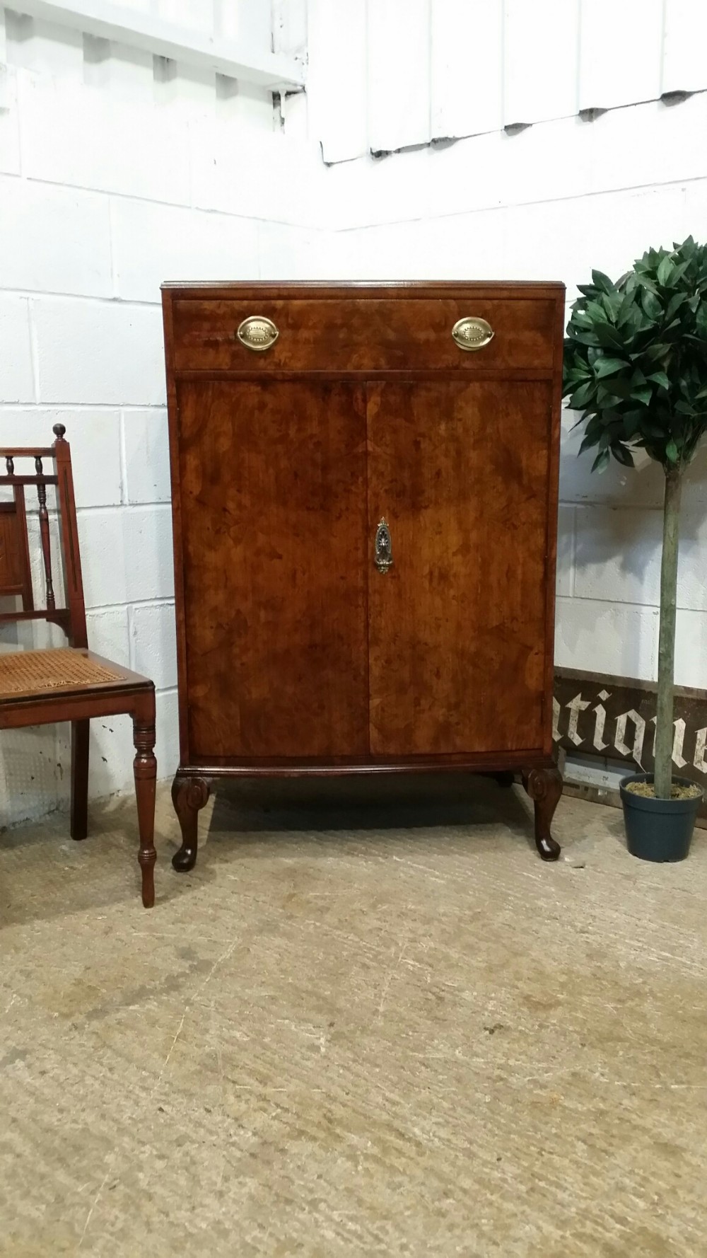 ANTIQUE BURR WALNUT BOW FRONT TALLBOY C1920