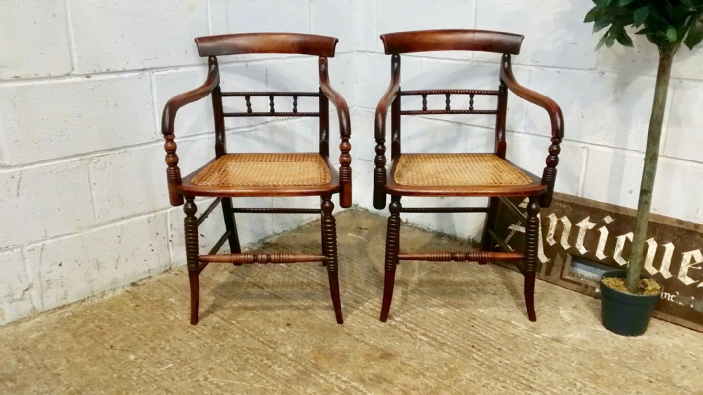 ANTIQUE PAIR REGENCY BERGERE ELBOW CHAIRS C1820