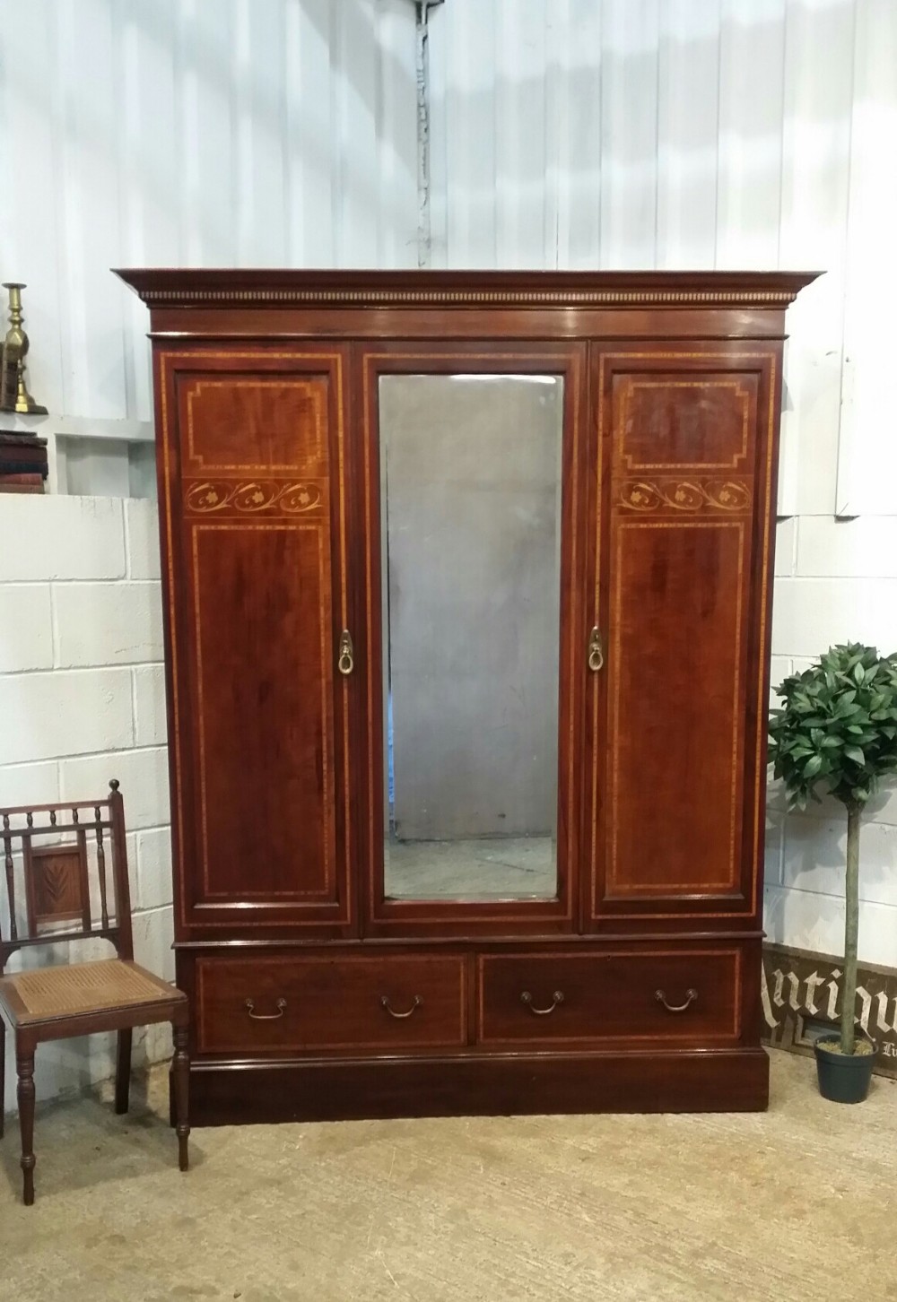 ANTIQUE EDWARDIAN INLAID MAHOGANY DOUBLE WARDOBE C1900