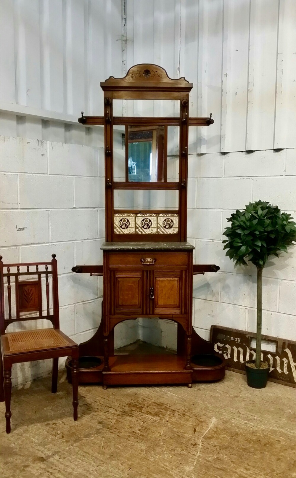 ANTIQUE VICTORIAN AESTHETIC OAK MARBLE TOP HALL STAND C1890