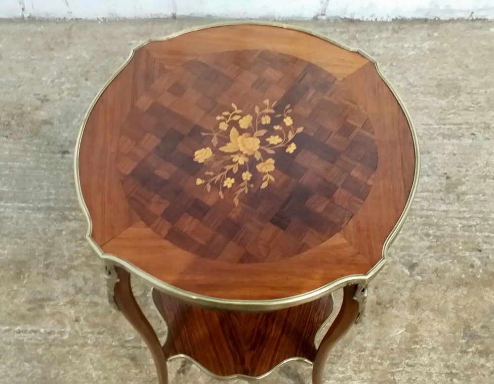 ANTIQUE FRENCH INLAID MAHOGANY AND GILT OCCASIONAL TABLE C1900