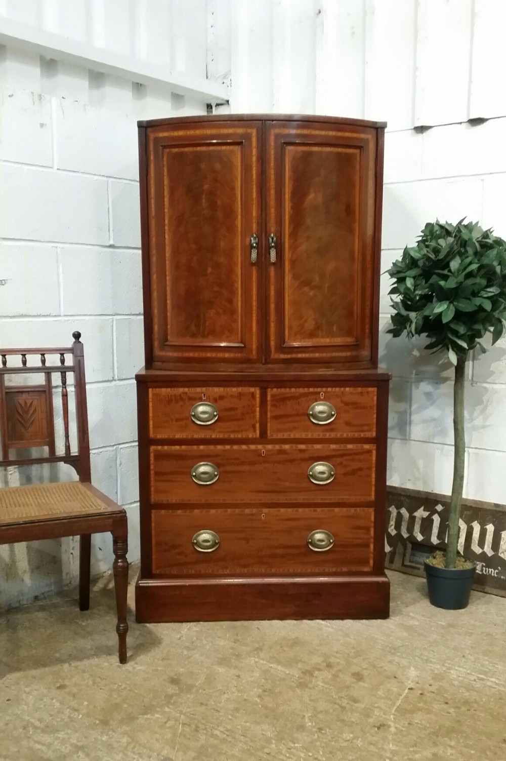 ANTIQUE EDWARDIAN INLAID MAHOGANY CABINET ON CHEST OF DRAWERS  C1900