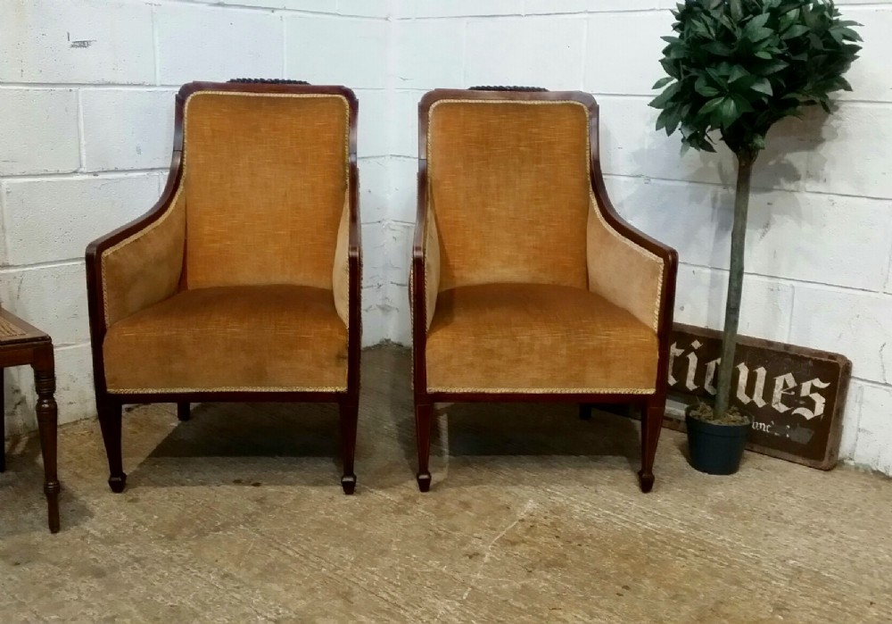 ANTIQUE PAIR EDWARDIAN MAHOGANY FRAMED ARMCHAIRS C1900