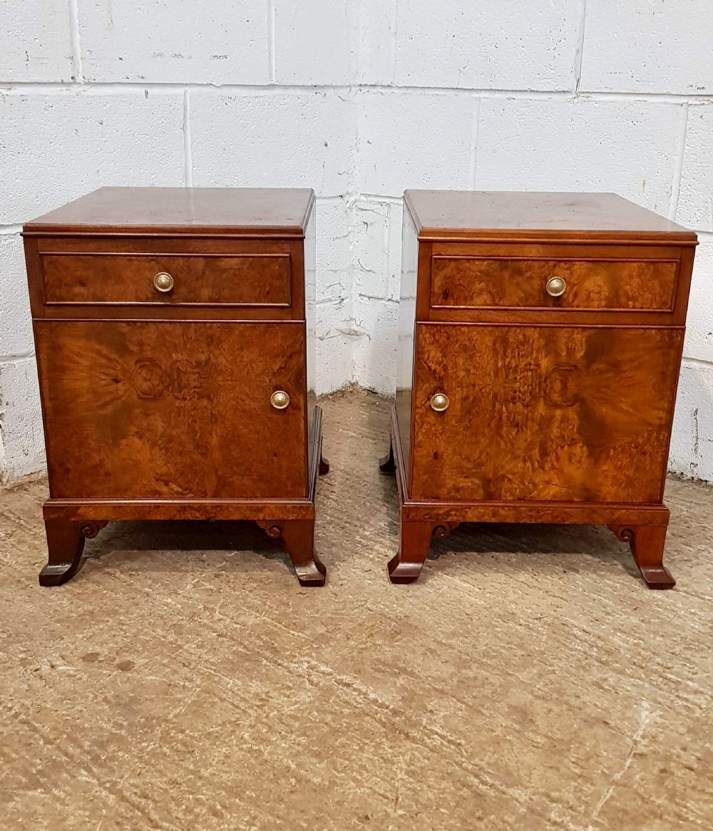 ANTIQUE PAIR BURR WALNUT BEDSIDE CABINETS C1920