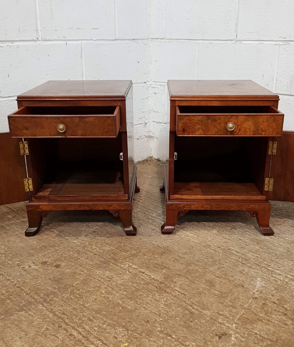 ANTIQUE PAIR BURR WALNUT BEDSIDE CABINETS C1920 View IV