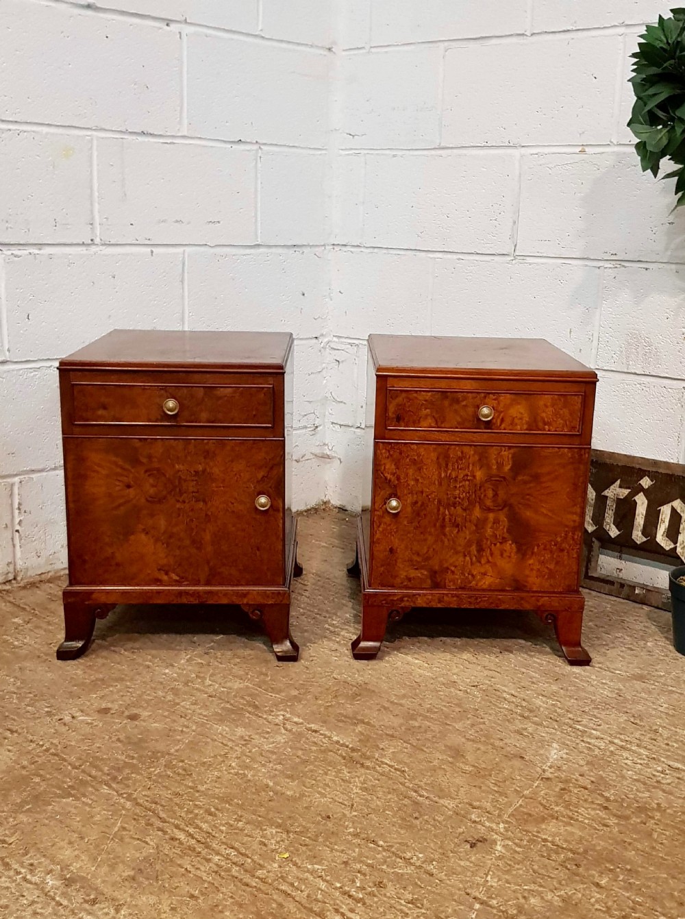 ANTIQUE PAIR BURR WALNUT BEDSIDE CABINETS C1920 View V