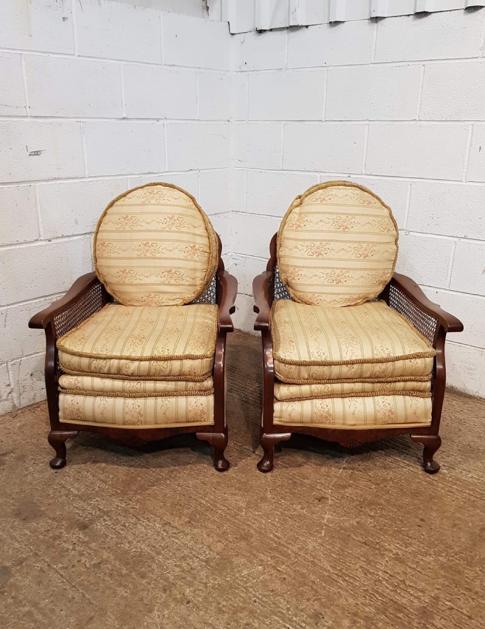 ANTIQUE PAIR FRENCH BERGER WALNUT ARMCHAIRS C1900