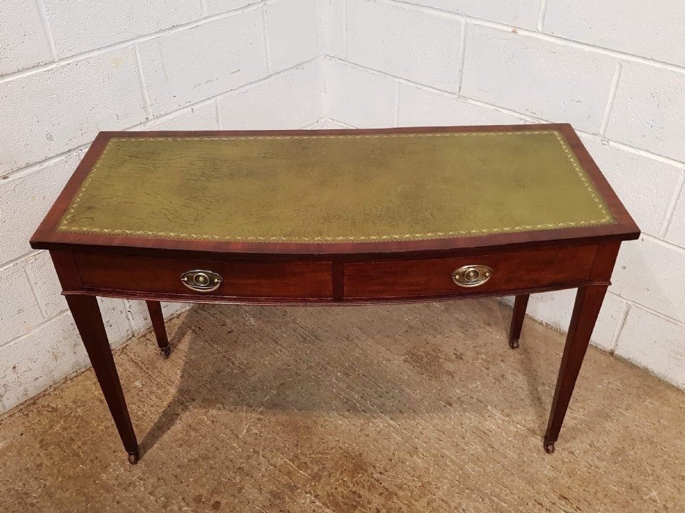 ANTIQUE LATE VICTORIAN REGENCY STYLE MAHOGANY LEATHER TOP BOW FRONT WRITING TABLE C1890 View III