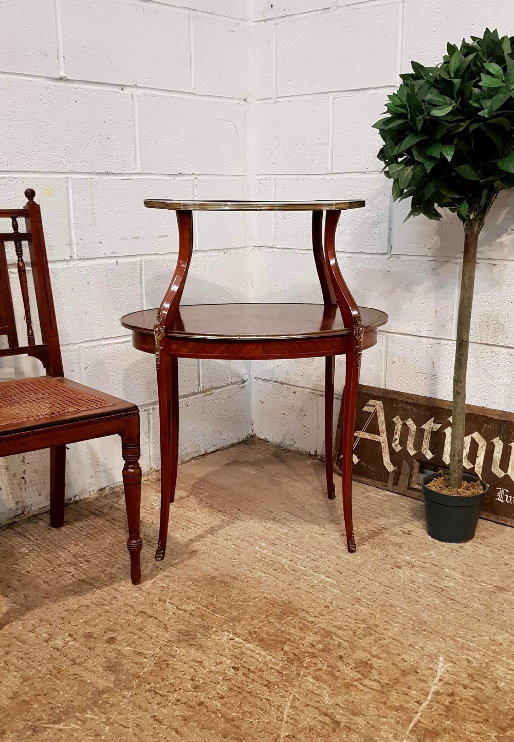 ANTIQUE FRENCH MAHOGANY & GILT INLAID ETAGERE TABLE WITH SUPERB SUNBURST C1900