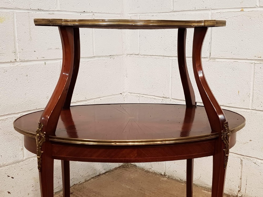 ANTIQUE FRENCH MAHOGANY & GILT INLAID ETAGERE TABLE WITH SUPERB SUNBURST C1900 View II