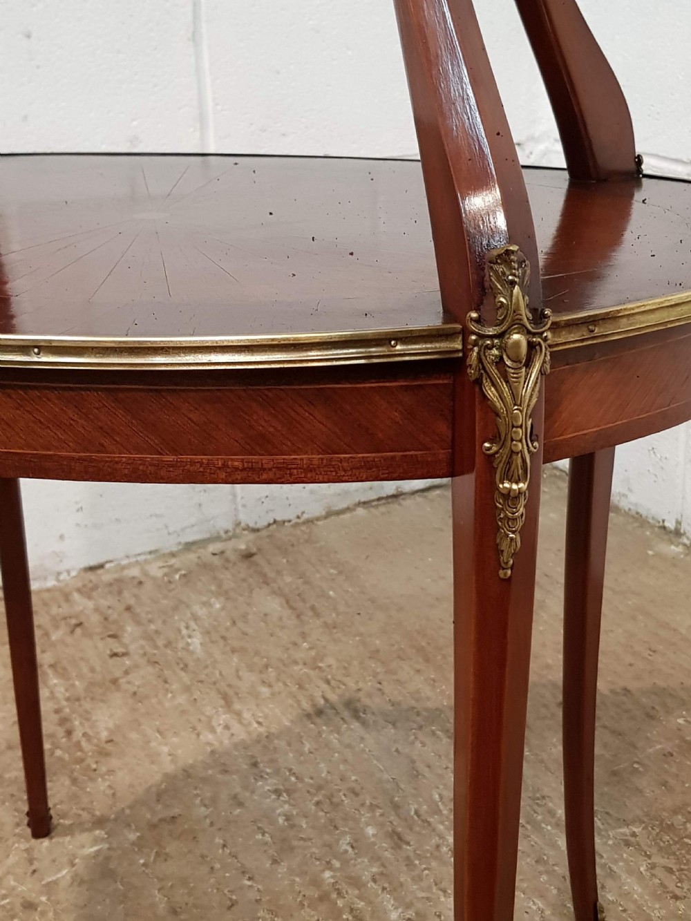 ANTIQUE FRENCH MAHOGANY & GILT INLAID ETAGERE TABLE WITH SUPERB SUNBURST C1900 View V