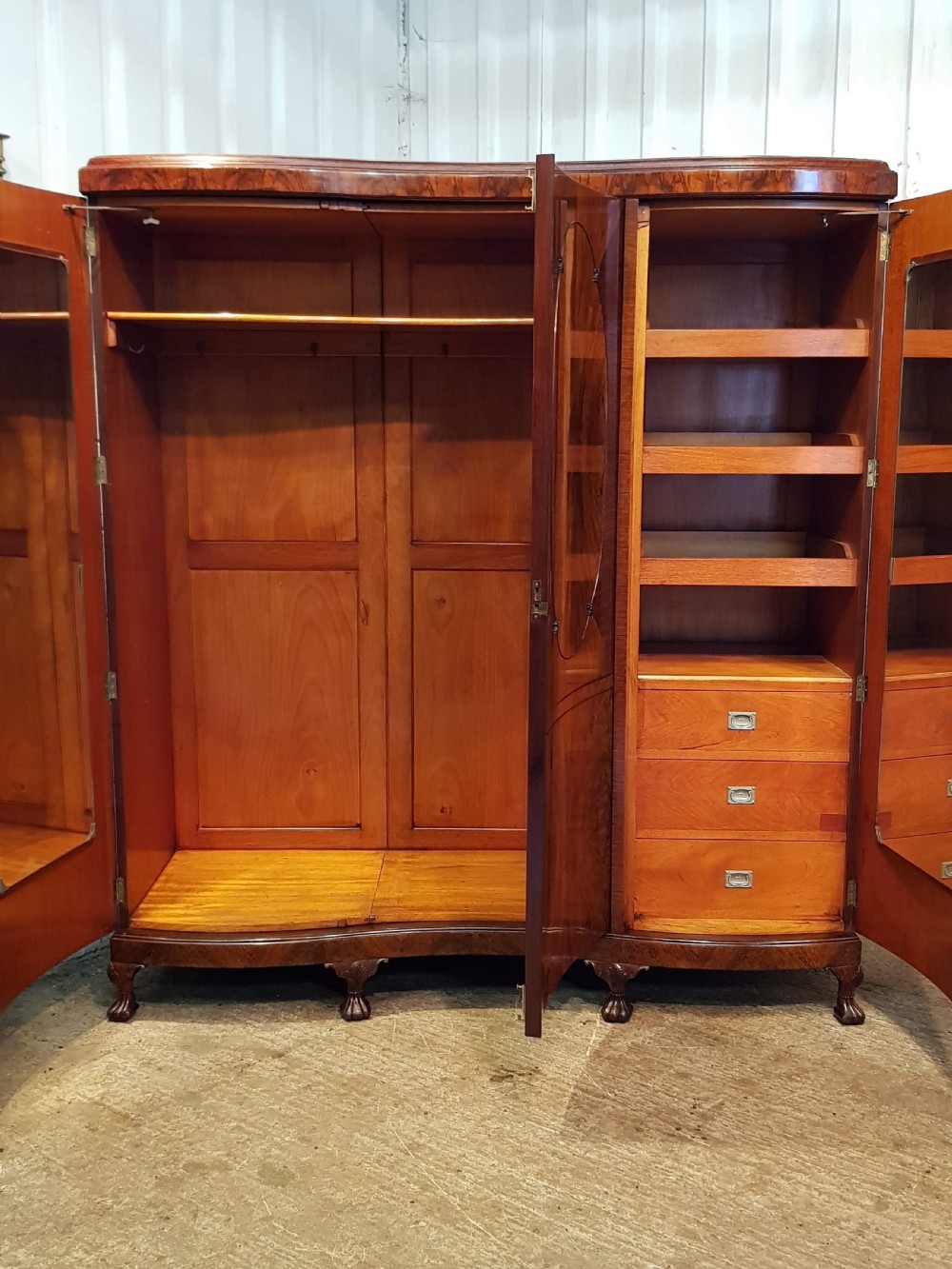 ANTIQUE EDWARDIAN BURR WALNUT SERPENTINE SHAPED TRIPLE WARDROBE C1900 View II
