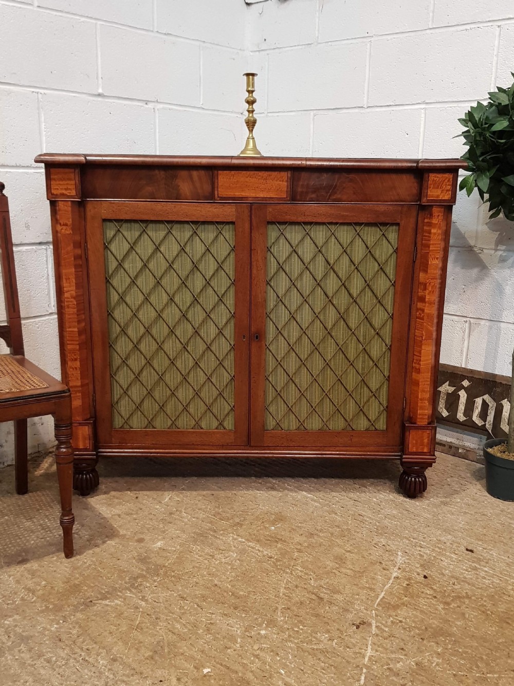 ANTIQUE WILLIAM 1V MAHOGANY & SATINWOOD CHIFFONIER SIDEBOARD with original gilt brass grills c1830 View V