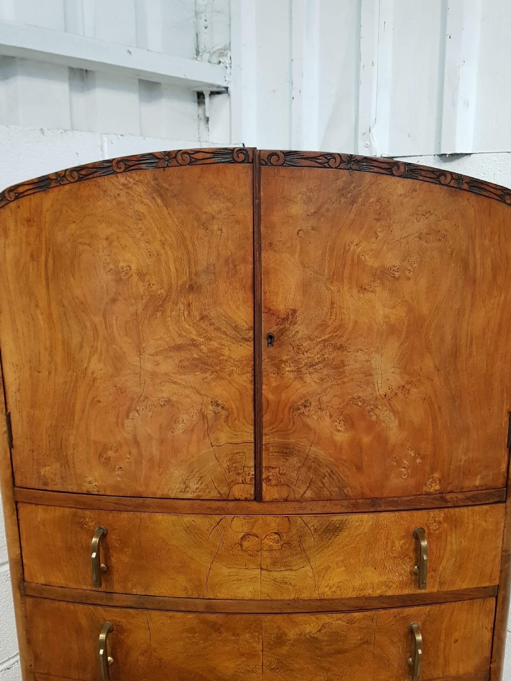 ANTIQUE ART DECO BURR WALNUT TALLBOY C1920.  View IV