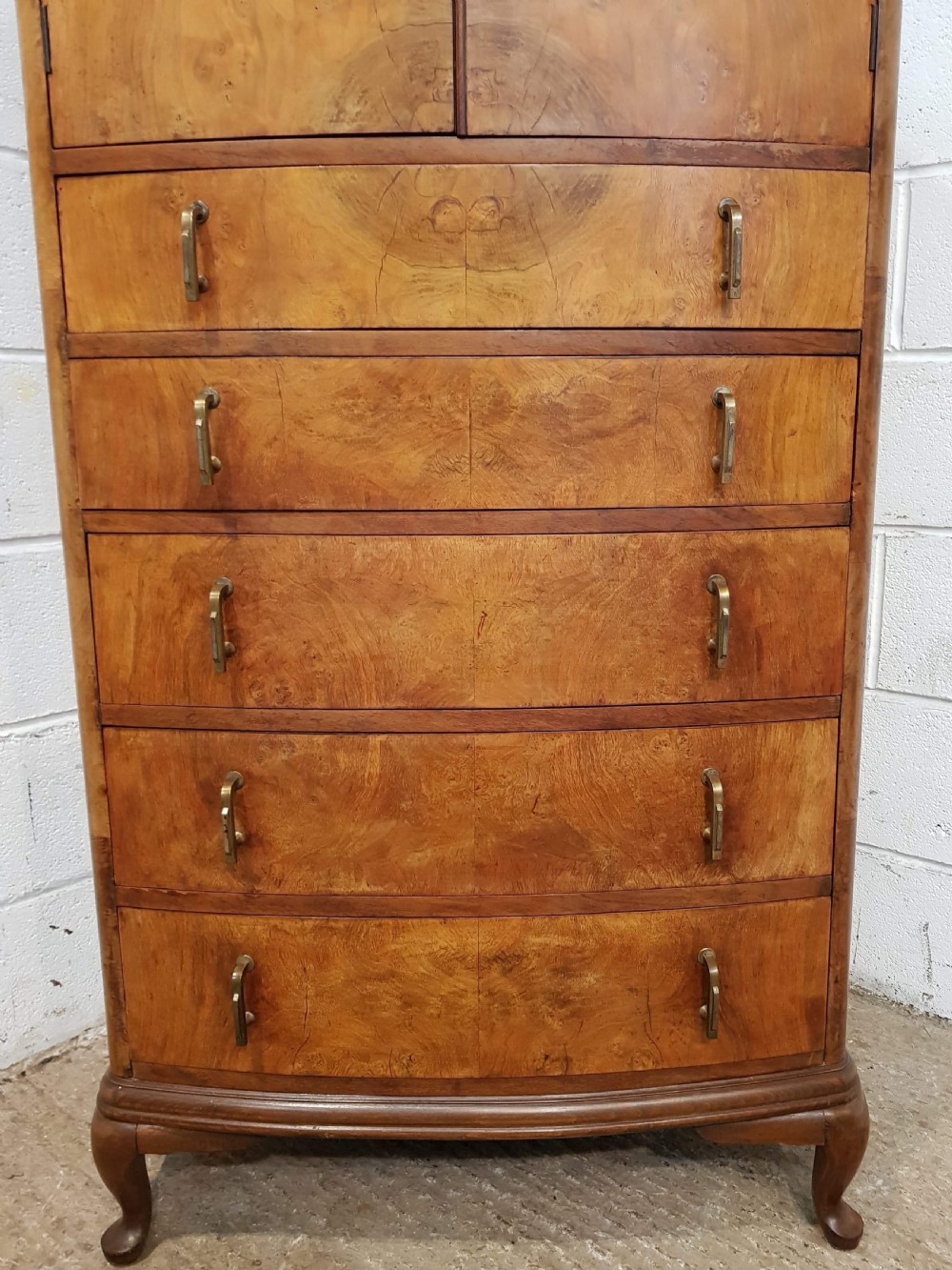 ANTIQUE ART DECO BURR WALNUT TALLBOY C1920.  View V