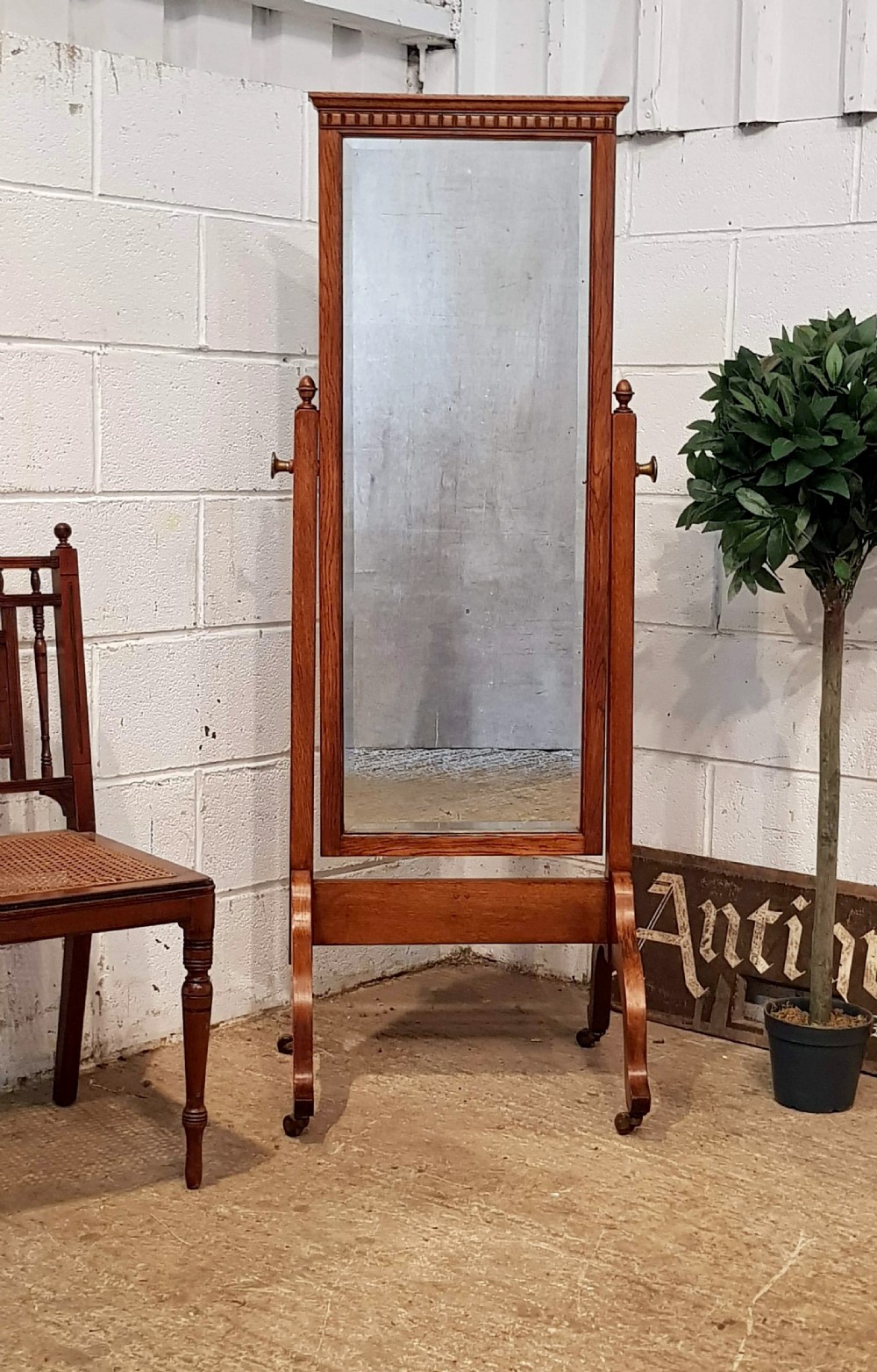 ANTIQUE ARTS & CRAFTS OAK CHEVAL MIRROR C1900