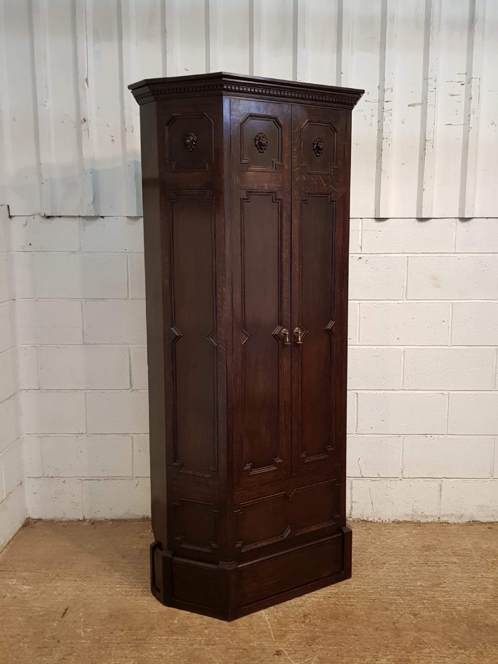 ANTIQUE EDWARDIAN CARVED OAK HALL WARDROBE WITH LION MASKs C1900 View IV