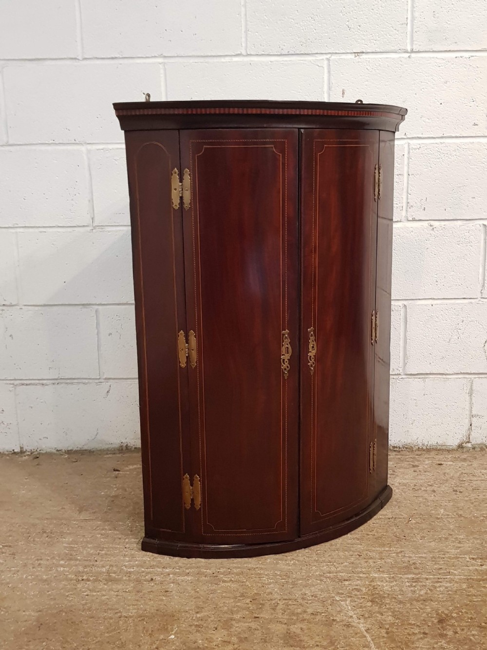 ANTIQUE REGENCY INLAID MAHOGANY BOW FRONT CORNER CUPBOARD C1820 View V