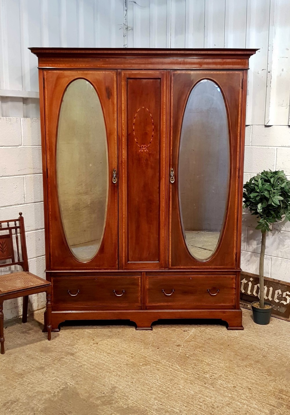 ANTIQUE EDWARDIAN INLAID MAHOGANY DOUBLE WARDROBE C1900